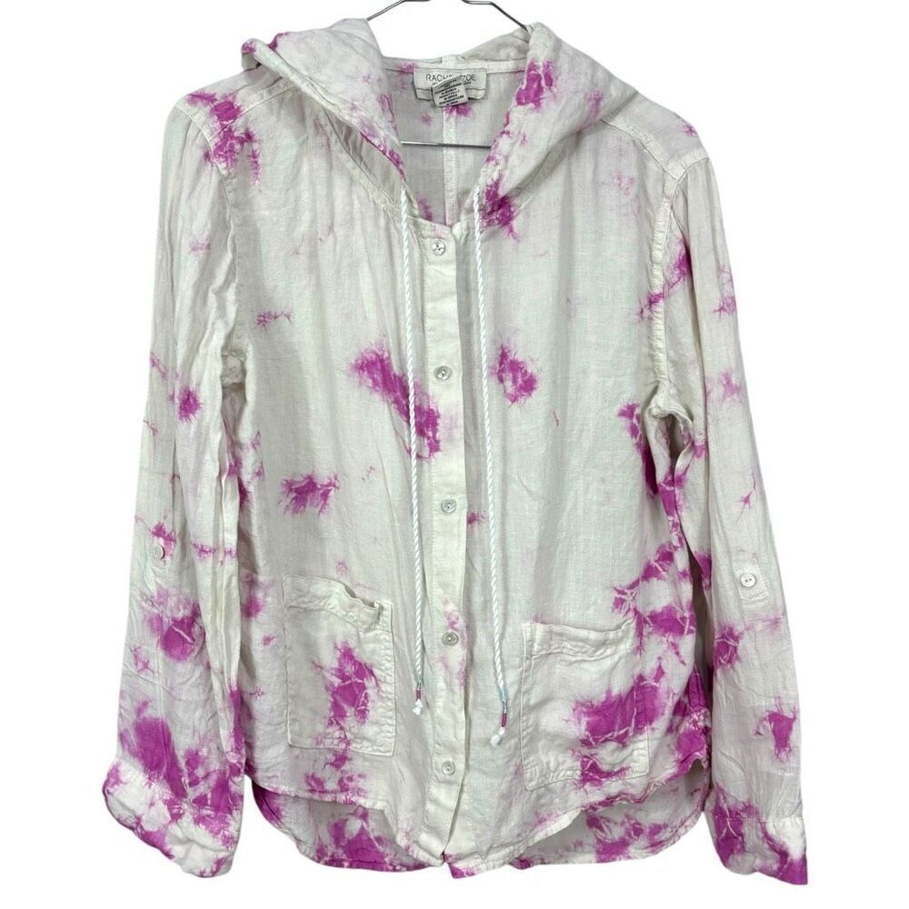 Rachel Zoe Pink Tie Dye Hooded Button Front Linen Shirt